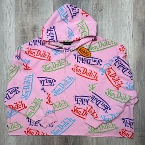 Von Dutch Pink Hoodie with Multicolor Logos women’s Size XXL 2X NWT Cropped